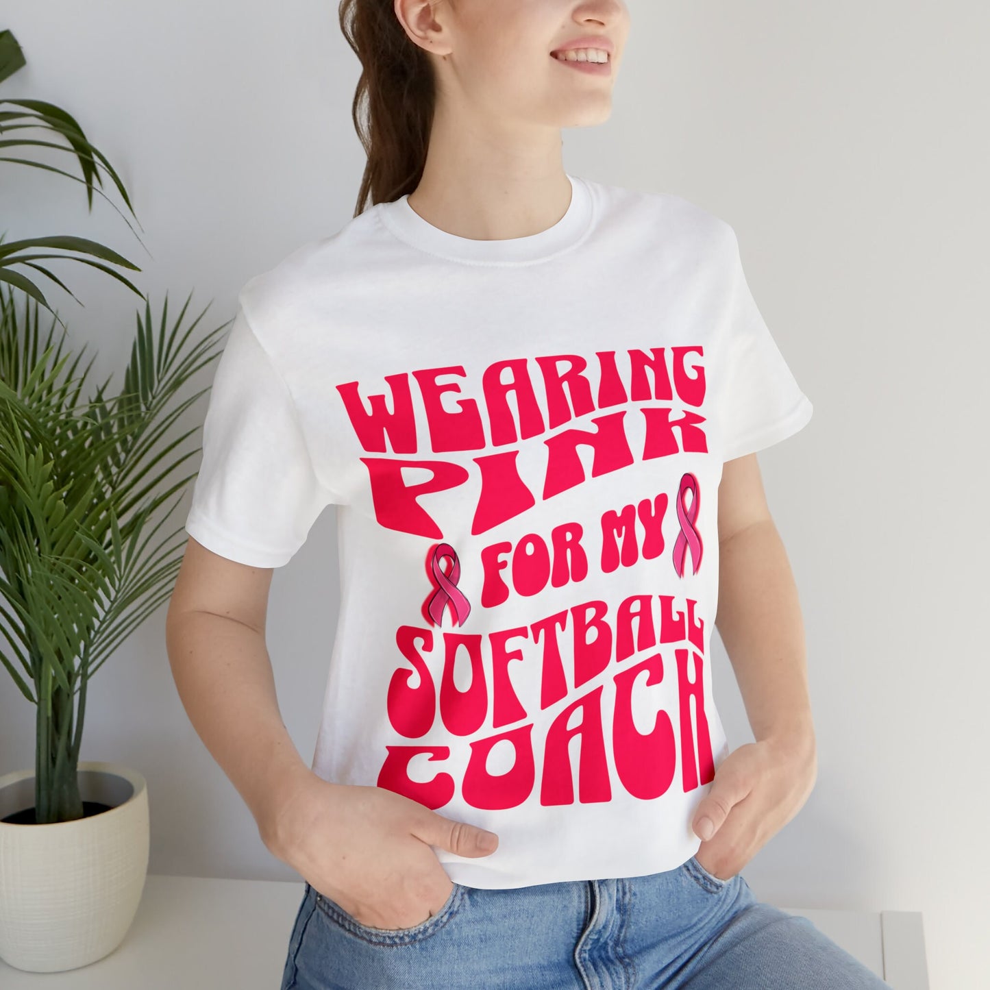 Wearing Pink For My Softball Coach, Breast Cancer Awareness T Shirt, Pink Ribbon Tee, Cancer Support Shirt, October Pink Football, Pink