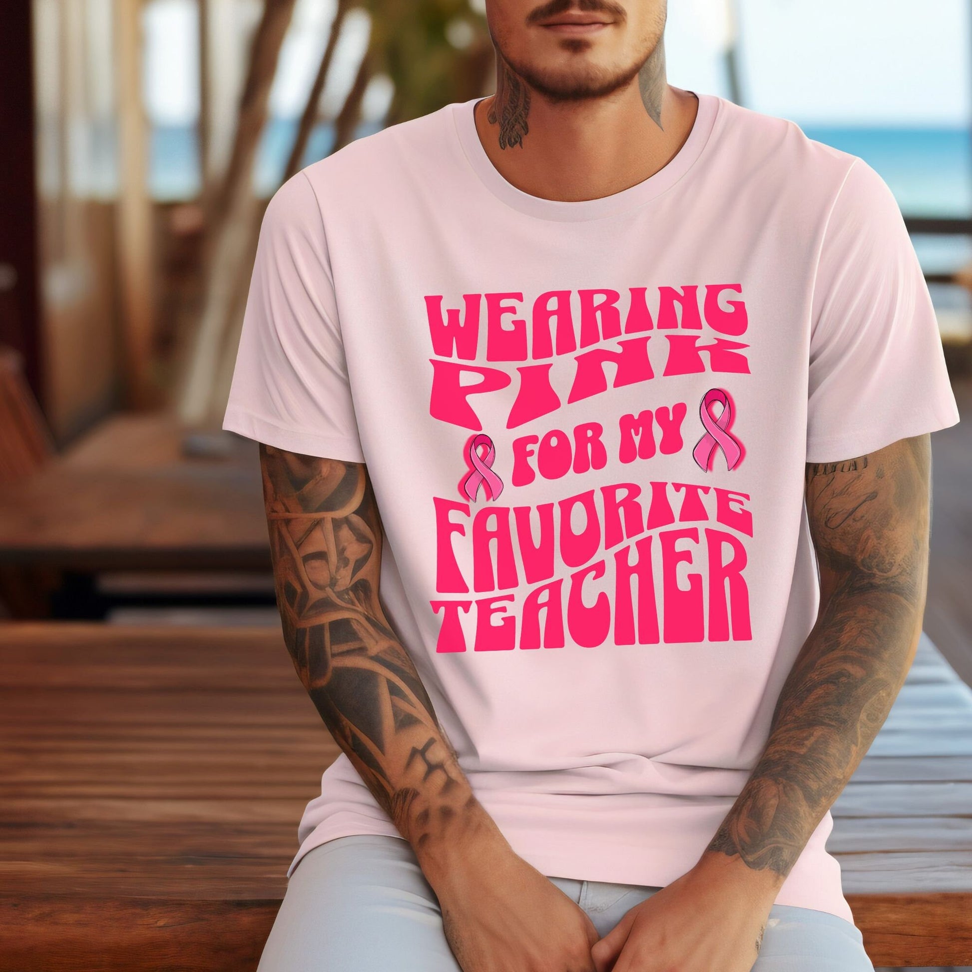 Wearing Pink For My Favorite Teacher, Breast Cancer Awareness Shirt, Pink Ribbon Tee, Cancer Support Shirt, October Pink Football, Pink Out