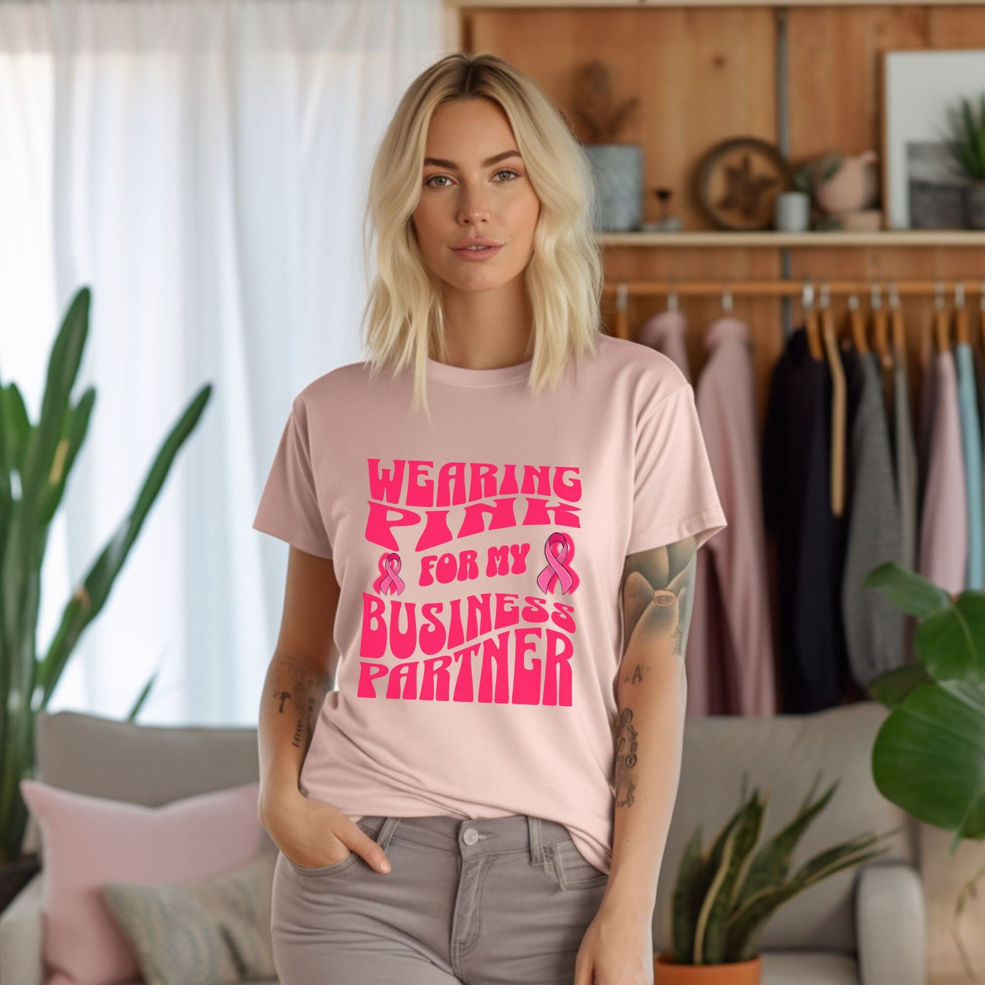 Wearing Pink For My Business Partner,Breast Cancer Awareness T Shirt, Pink Ribbon Tee, Cancer Support Shirt, October Pink Football, Pink Out