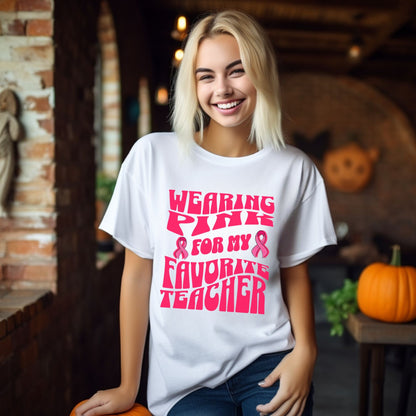 Wearing Pink For My Favorite Teacher, Breast Cancer Awareness Shirt, Pink Ribbon Tee, Cancer Support Shirt, October Pink Football, Pink Out