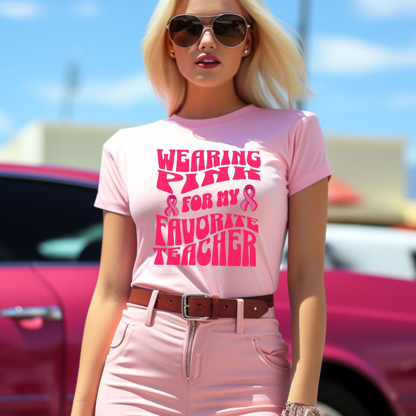 Wearing Pink For My Favorite Teacher, Breast Cancer Awareness Shirt, Pink Ribbon Tee, Cancer Support Shirt, October Pink Football, Pink Out