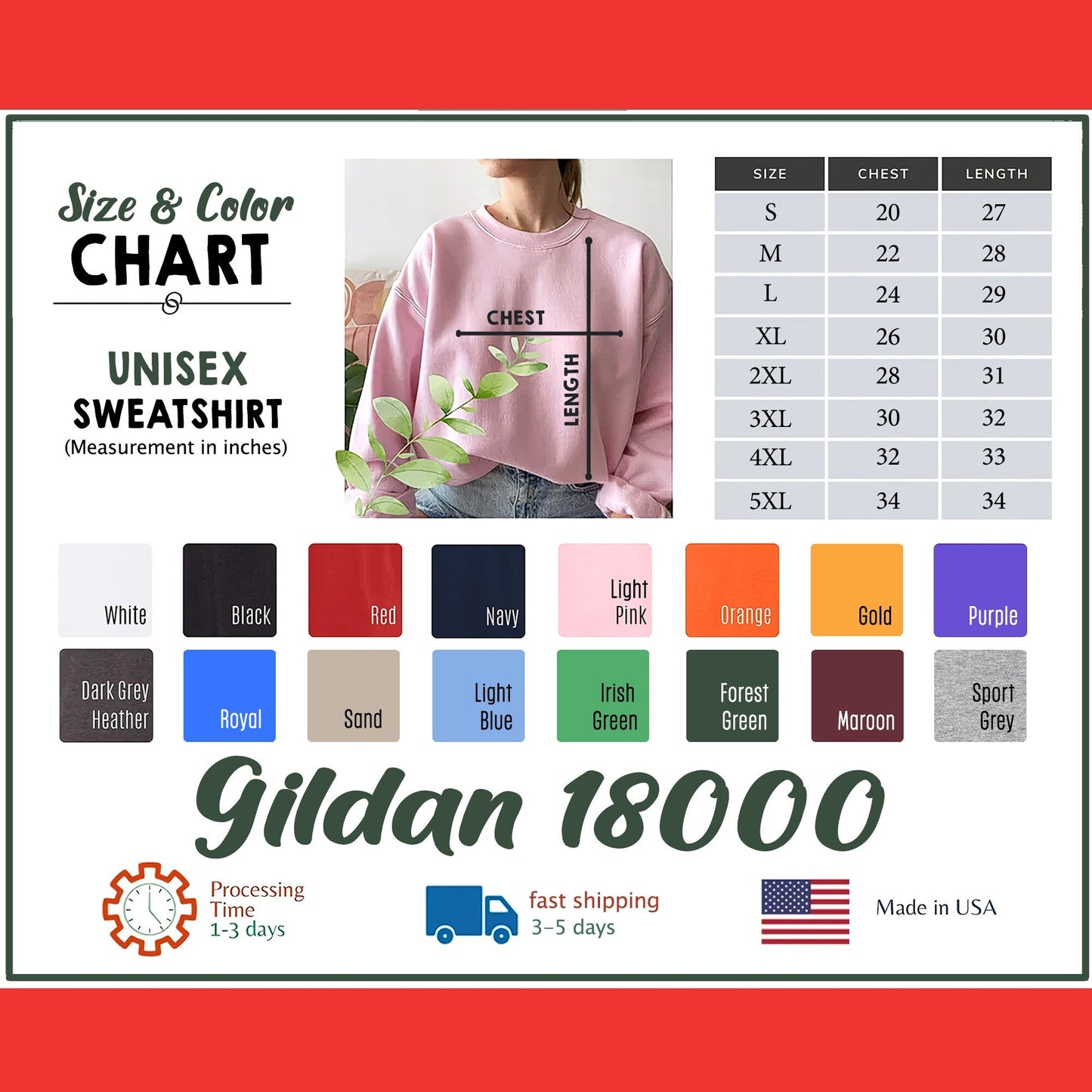 &quot;Size and color chart for unisex Gildan 18000 sweatshirt, variety of colors white, black, red, navy, plus more with a size guide listing measurements from S to 5XL. indicating a &#39;Made in USA&#39;.&quot;