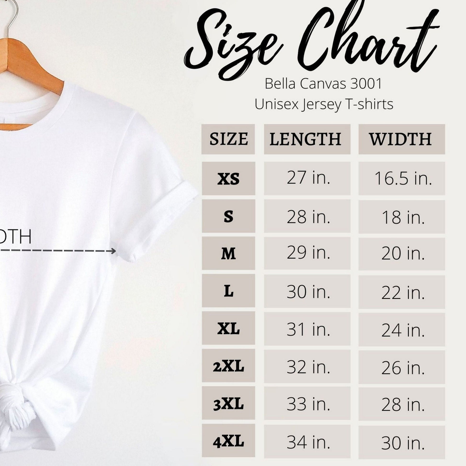 Size Chart BEllaCAnvas Tshirts