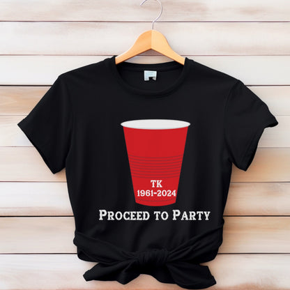 Black T-shirt with a red party cup graphic and text. The cup has the initials TK and the years 1961-2024 printed on it