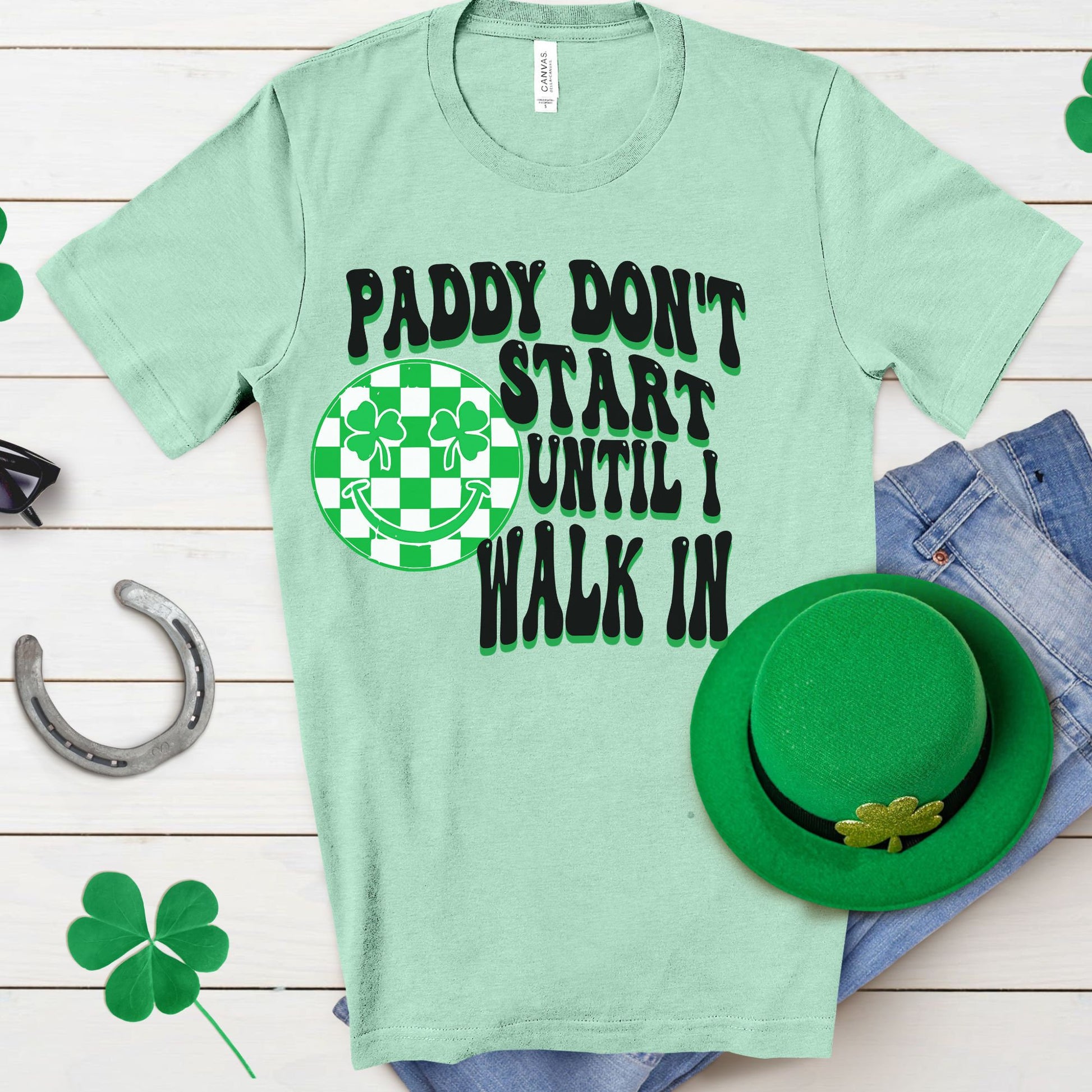 Happy Saint Patricks Day Paddy Shirt, St Patty's Day Tshirt, Saint Patty's Unisex Crewneck Tee, Plus Size, Retro Groovy Smiley Checkered Tee