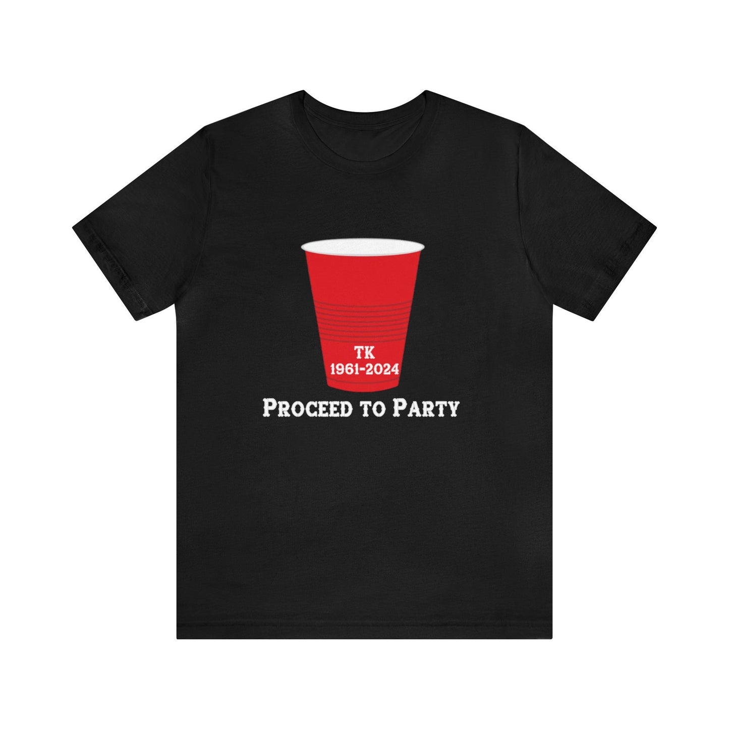 Black T-shirt with a red party cup graphic and text. The cup has the initials TK and the years 1961-2024 printed on it.