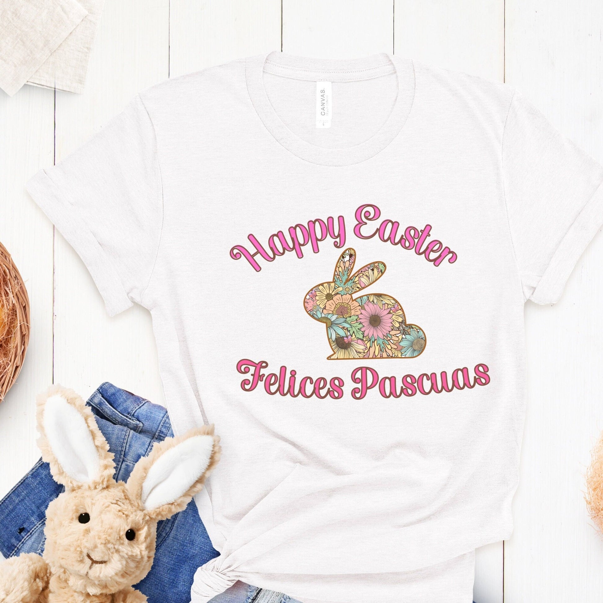 Happy Easter Shirt, T Shirt for ESL Teachers, Bilingual Tshirt, Spanish Class Shirt, Egg Hunt, Bunny Floral Boho, Spring Teacher Era, Ladies