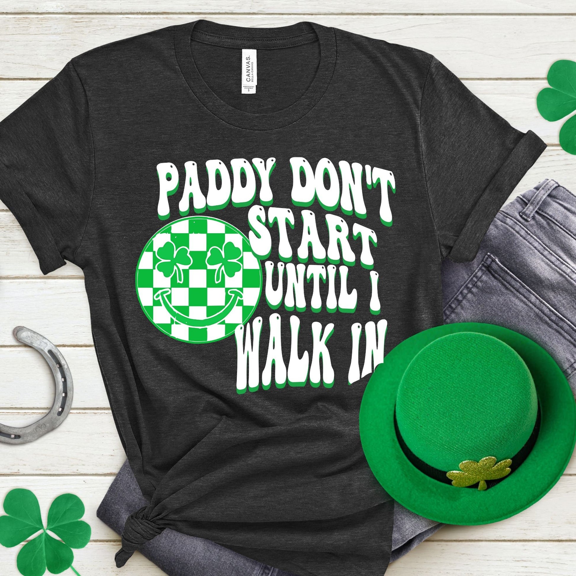 Happy Saint Patricks Day Paddy Shirt, St Patty's Day Tshirt, Saint Patty's Unisex Crewneck Tee, Plus Size, Retro Groovy Smiley Checkered Tee