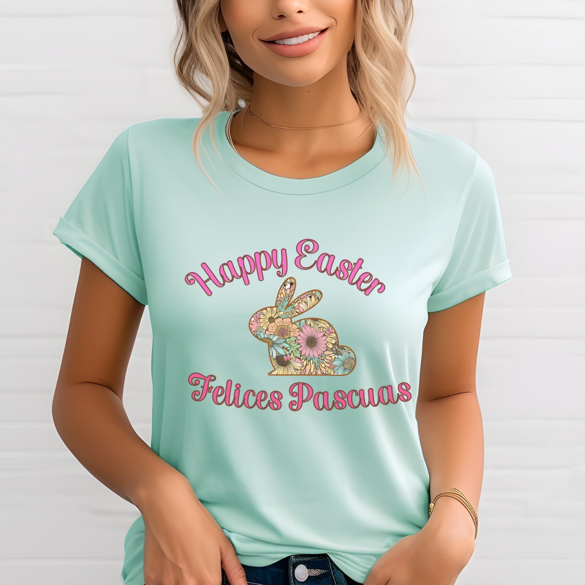 Happy Easter Shirt, T Shirt for ESL Teachers, Bilingual Tshirt, Spanish Class Shirt, Egg Hunt, Bunny Floral Boho, Spring Teacher Era, Ladies