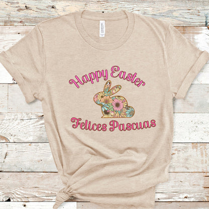 Happy Easter Shirt, T Shirt for ESL Teachers, Bilingual Tshirt, Spanish Class Shirt, Egg Hunt, Bunny Floral Boho, Spring Teacher Era, Ladies